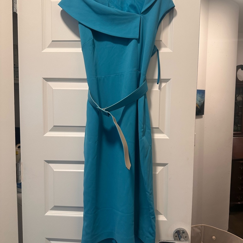 Badgley Mischka Asymmetrical Neck  Teal Dress